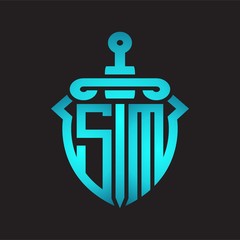 SM Logo monogram with sword and shield combination isolated blue colors gradient
