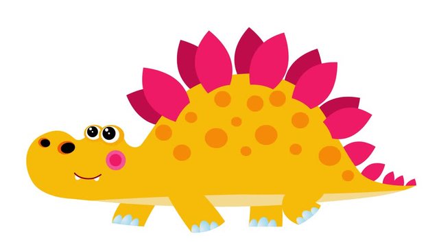 Cartoon dinosaur stegosaur walking cycle. Alpha matte included. Cute 2d hand made prehistoric yellow animal character animation good for any use. 