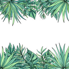 Exotic jungle frame with tropical leaves and place for text. Exotic tropical garden for wedding invitations, greeting card and fashion design. Vector illustration.