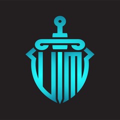 UM Logo monogram with sword and shield combination isolated blue colors gradient