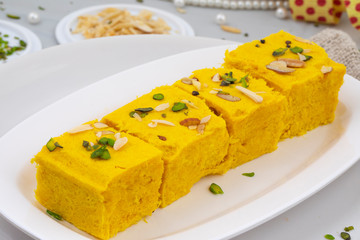 Indian Special Traditional Sweet Food Soan Papdi Also Know as Son Roll, Soam Papdi, Patisa, Shonpapdi is a popular Indian Dessert