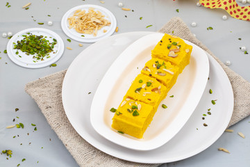 Indian Special Traditional Sweet Food Soan Papdi Also Know as Son Roll, Soam Papdi, Patisa, Shonpapdi is a popular Indian Dessert