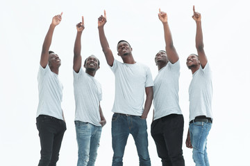 group of guys pointing somewhere up. isolated on white