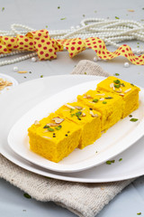Indian Special Traditional Sweet Food Soan Papdi Also Know as Son Roll, Soam Papdi, Patisa, Shonpapdi is a popular Indian Dessert