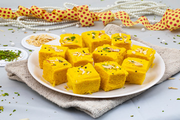 Indian Special Traditional Sweet Food Soan Papdi Also Know as Son Roll, Soam Papdi, Patisa, Shonpapdi is a popular Indian Dessert