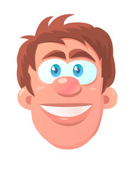 Funny head of a brunet guy with a smile on his face. Cartoon vector isolated illustration.