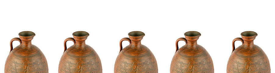 Сlay amphora Isolated on white background. Collage. Wide photo with free space for text.