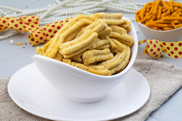 Indian Traditional Popular Gujarati Snack Ghatiya Also Know as Ganthiya, Papdi, Gathiya Are Deep Fried Snack Made From Chickpea Flour