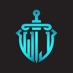 WJ Logo monogram with sword and shield combination isolated blue colors gradient