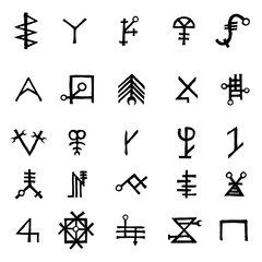 Mystic set with magic circles, pentagram and imaginary chakras symbols. Collection of icons with witchcraft and occult hand writing letters. Esoteric concept. Vector