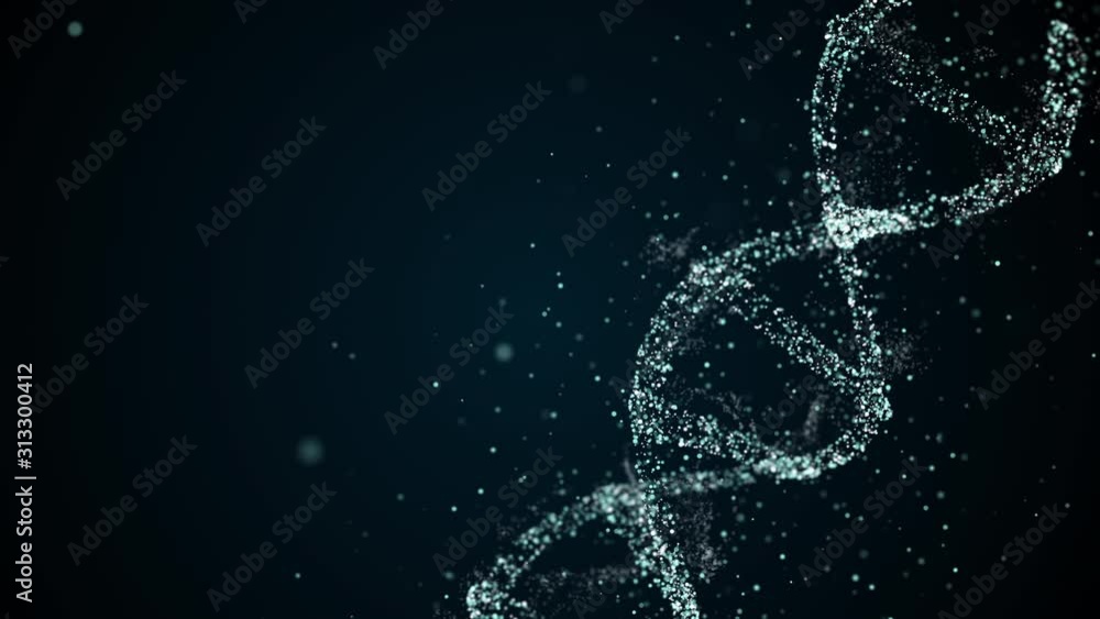 Poster artificial dna structure with shining light particles on dark artistic cyberspace background.