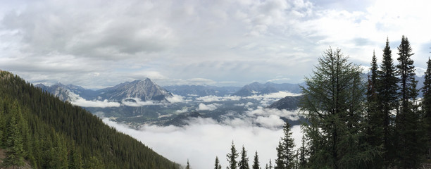Panoramic view of Banff National Park in the Canadian Rockies at the top of the Banff Gondola