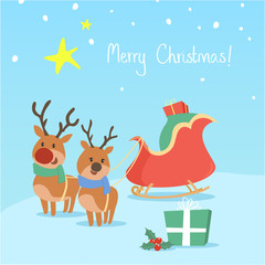 Cute cartoon reindeers sleigh vector illustration Greeting card square banner Merry Christmas text
