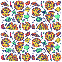 Vector seamless pattern of hand drawn colorful pizza, isolated on white background