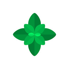 Basil or mint leaf icon. Green mint or basil leaves on white background. Aromatic tasty herb for flavoring dishes. Abstract basil plant symbol for food decoration. Vector illustration, flat, clip art. © Tasha Vector