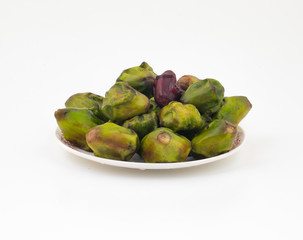 Close up of Fresh Organic Raw Water Chestnuts Also Know as Hingora, Hingoda, Singhara or Water Caltrop