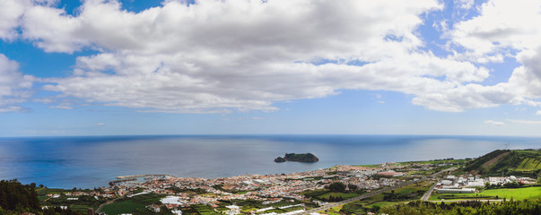 View of the sea, the island, the city of Vila Franca do Campo from the chapel of Nossa Senhora da Page. San Miguel Island, Portugal. Travel to the Azores.