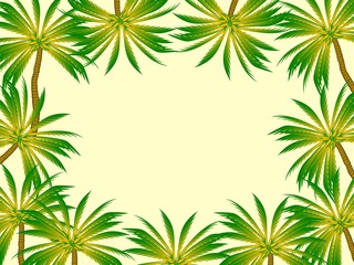 Fototapeta na wymiar colorful frame of palm trees. poster, Poster, cover, postcard. tropic. green trees on a light yellow background. color vector graphics