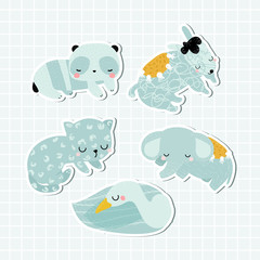 Set of cute lettle animals. Kids stickers. Vector hand drawn illustration.