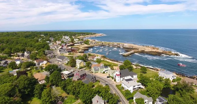 Flying over Pigeon Cove harbor in Rockport, Cape Ann, Massachusetts, USA. (part1)