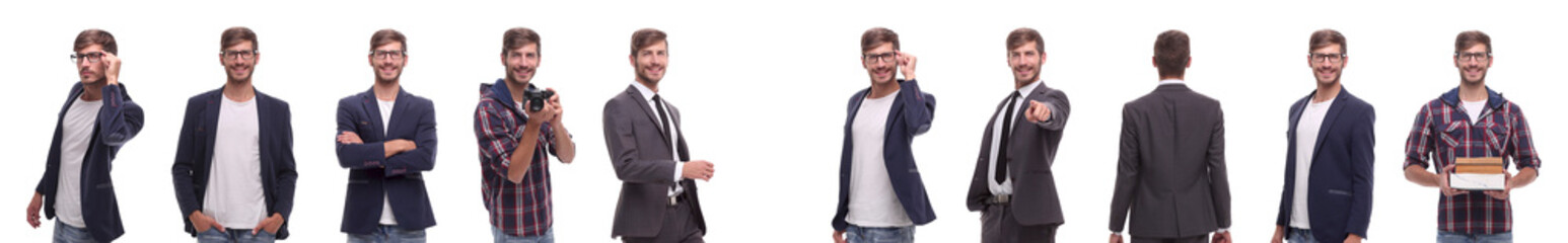 panoramic collage of self-motivated young man .isolated on white