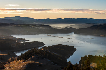 Aerial view of Dospat dam in Rhodope Mountains,.Bulgaria during sunrise 