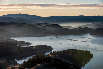 Aerial view of Dospat dam in Rhodope Mountains,.Bulgaria during sunrise 