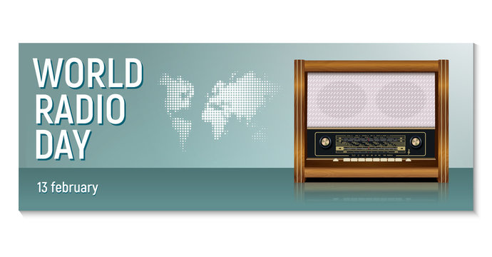 Horizontal banner for World Radio Day February 13th. In a realistic retro style radiola on an abstract background. Vector illustration.