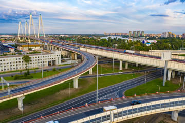 Saint Petersburg. Russia. Road junction in St. Petersburg. Interchange at the entrance to the city. Road architecture of Russia. Roads of St. Petersburg. Cable-stayed bridge. Tourism in Russia.