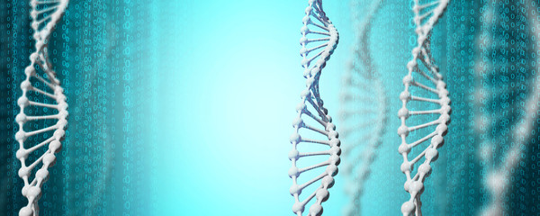 White DNA structure with atrix code over blue background.