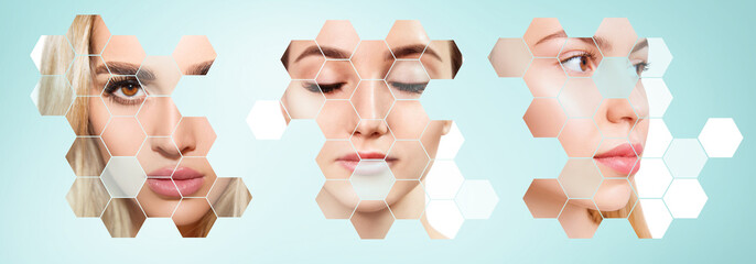 Three beautiful sensual women with mosaic honeycombs on face. - obrazy, fototapety, plakaty