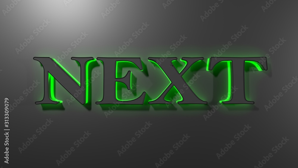Poster next black write with green backlight, at black glossy background - 3d rendering illustration - 3d r