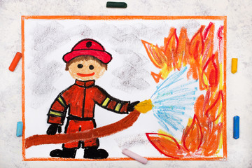 Photo of colorful drawing: Smiling Fireman using water to fighting with fire. Firefighter in action