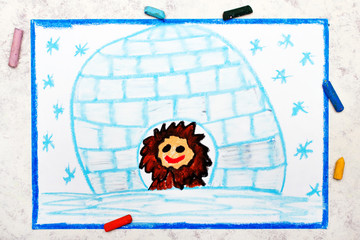 Photo of colorful drawing:  Smiling eskimo in igloo
