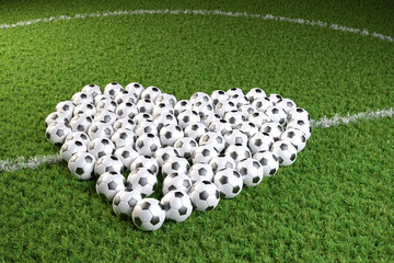 3D render: Valentines day for soccer fans - a heart shape of soccers balls on a soccer field. Reopening the soccer season or stadium  © Andreas Prott