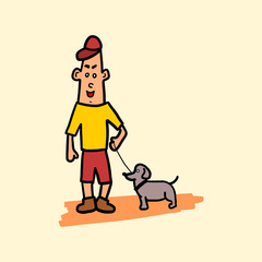 Cartoon man with a dog on a walk. Yellow and red colors.