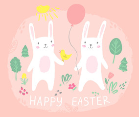 Happy Easter card design with cute bunnies, flowers, bird, ballon and text, hand drawn illustration characters.