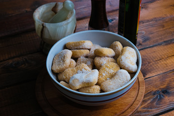 chicken nuggets composition on a wooden background
