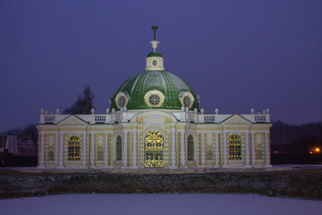facade of the Grotto pavilion on a winter evening with lighting in Moscow Russia