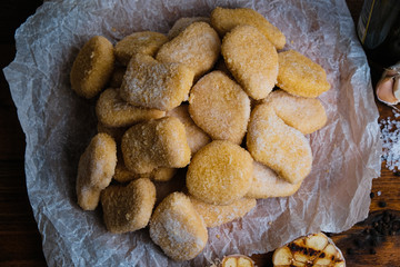 chicken nuggets composition on a wooden background