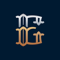 E letter gold and silver logo in slab serif retro style.