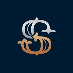 S letter gold and silver logo in slab serif retro style.