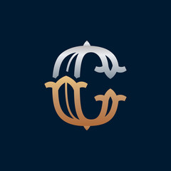 C letter gold and silver logo in slab serif retro style.