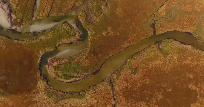 Top view of flying over the marsh on Good Harbor Beach in Gloucester, Cape Ann, Massachusetts MA, USA. 