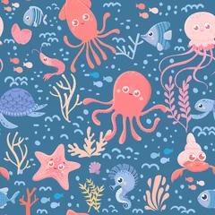 Tapeten Meerestiere Marine nahtlose Muster des Meereslebens. Niedliche Cartoon-Ozean und Meerestiere. Blauer Hintergrund. Vektorsammlung