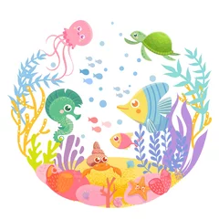 Wall murals Sea life Funny sea animals in circle. Marine life. Ocean wildlife.. Cute vector illustration. Template