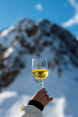 glass of wine front of mountain