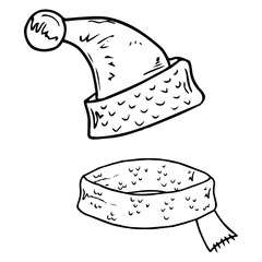 Set of hat with scarf icon. Vector winter scarf and hat. Hand drawn children's scarf and hat.
