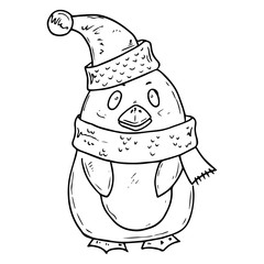 Penguin icon. Vector illustration of a penguin in a hat and scarf. Hand drawn  children's soft toy penguin.