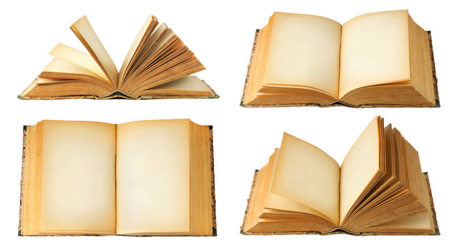 Isolated books with copy space. Collection of open old books with blank pages isolated on white background with clipping path